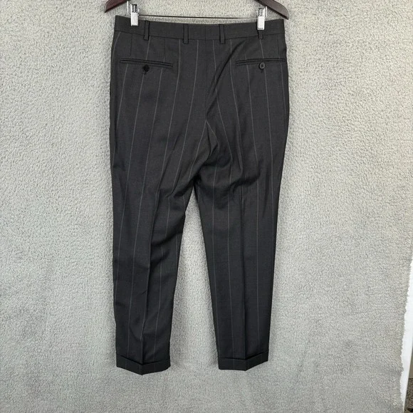 ISAIA Napoli Flat Front Dress Pants Men's 32x28 Black Chalk Stripe Made Italy - Picture 3 of 9